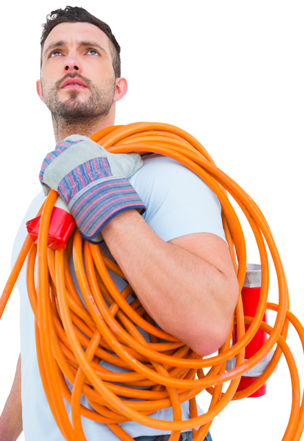 Repairman Carrying Transparent Wires on Shoulder - Download Free Stock Videos Pikwizard.com