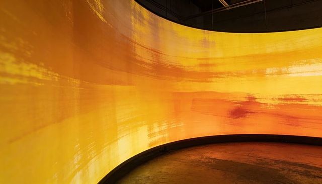 Curved Golden Light Installation Contemporary Gallery Abstract Brushstroke Projection