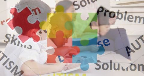 Colorful Puzzle Overlay Highlights Autism Awareness with Diverse Children Using Tablets