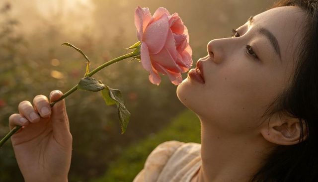 Asian woman smelling dew-kissed pink rose in golden hour garden closeup profile portrait
