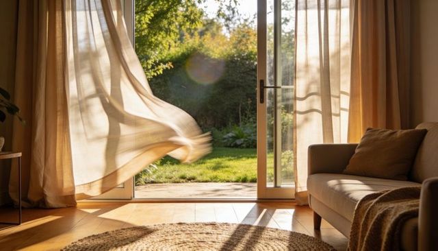Sheer curtains billowing at open sliding glass door, sunlight streaming over hardwood