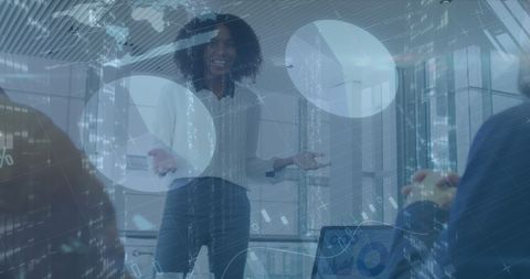 Businesswoman Presenting Financial Data with Global Graph Overlay