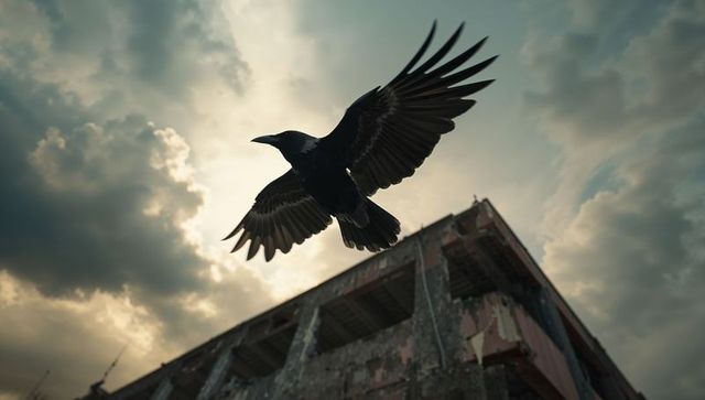 Soaring crow above dilapidated rooftop at sunrise