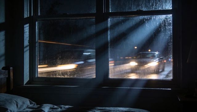 Rain-Streaked Window with Passing Headlights and Rumpled Bed in Moody Night Interior