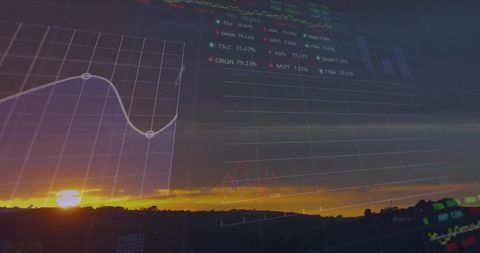 Sunset blending with market charts over rural horizon and silhouette countryside