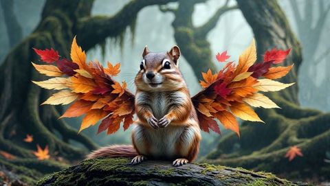 Fantasy chipmunk with leaf wings in mystical forest setting