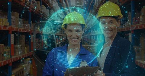 Female warehouse supervisors using augmented reality globe for inventory management