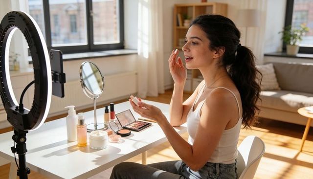 Beauty influencer applying makeup at home using ring light and smartphone filming