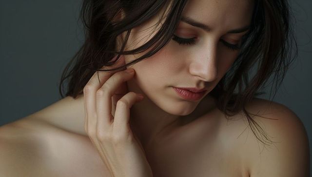 Woman touching neck and lowering gaze, soft makeup closeup portrait showing natural skin