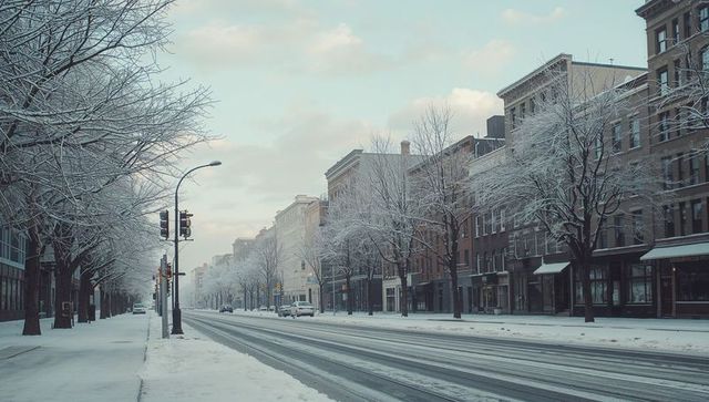 Winter downtown avenue showing tire tracks, sparse cars, brick storefronts, traffic signal
