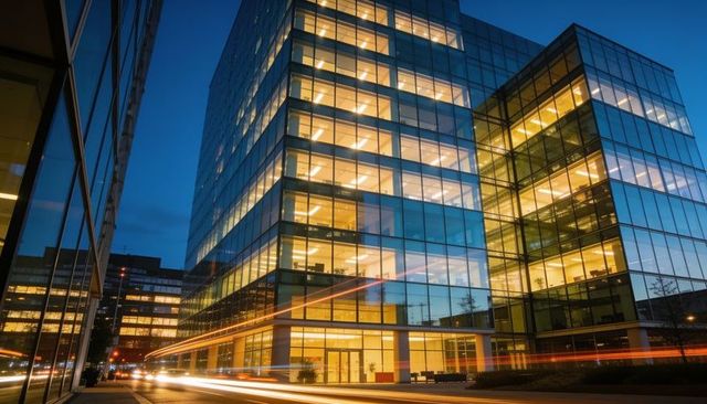 Glass office tower at dusk with light trails, illuminated floors and reflective facade