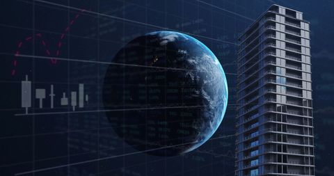 High-rise building with digital data and earth concept