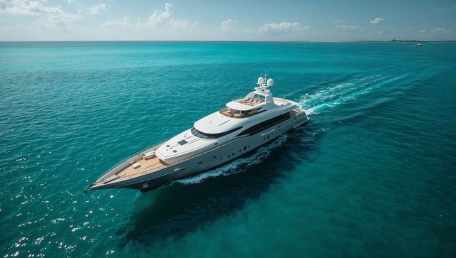 Cruising white luxury yacht across turquoise sea with teak sunpad and flybridge