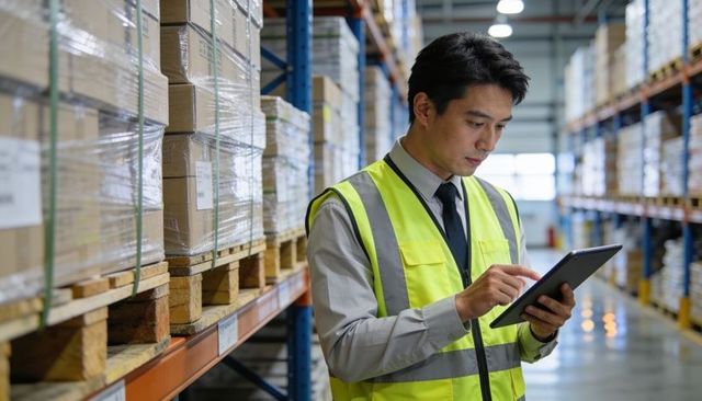 Warehouse manager scanning inventory on tablet wearing safety vest beside pallet racking
