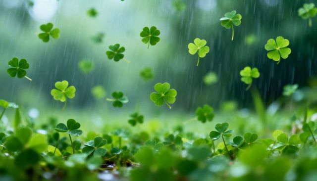 Drifting clover leaves glistening in gentle spring rain over lush ground-level meadow