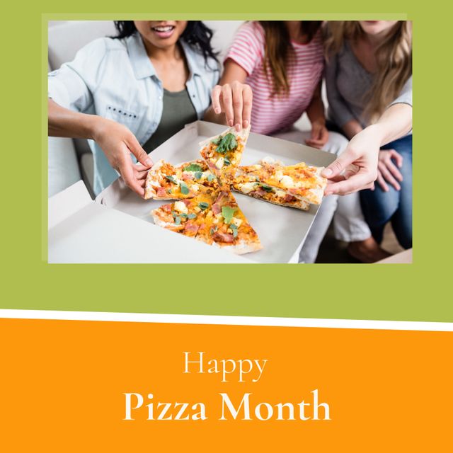 Young multiracial female friends celebrating national pizza month, sharing takeout pizza in a relaxed, casual environment. This scene can be used for promotions for food delivery services, restaurant advertisements, social media posts highlighting friendship and togetherness, or celebratory events connected to food observances such as pizza month.