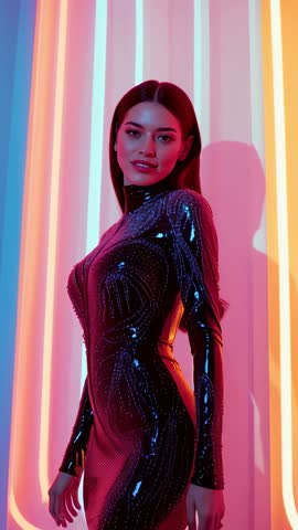 Vertical video zooming on model shifting against neon strips wearing metallic dress