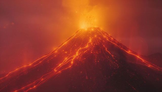 Explosive volcano eruption at night with molten flows