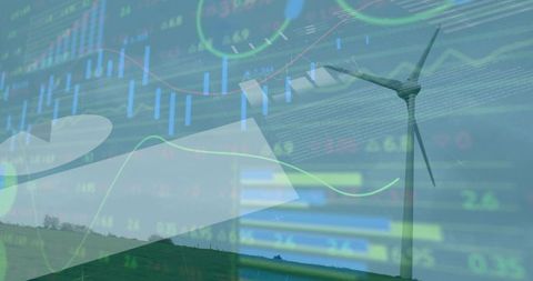 Wind Turbine and Financial Trends Symbolize Renewable Progress