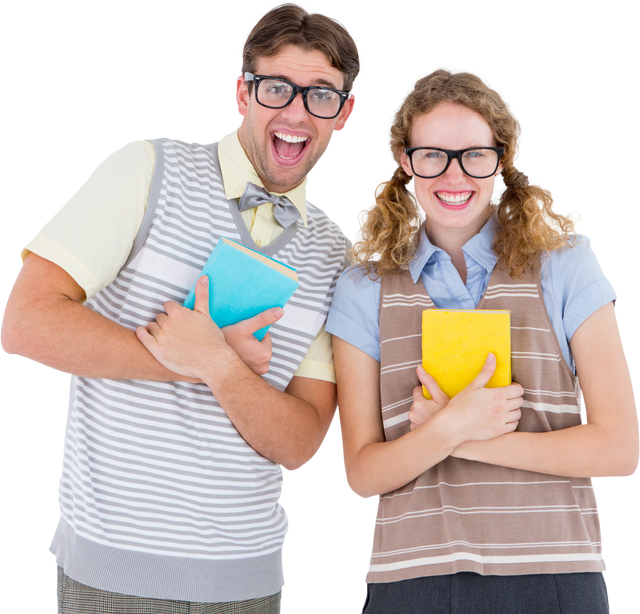 Transparent image of geeky hipster couple holding books and smiling at camera - Download Free Stock Videos Pikwizard.com