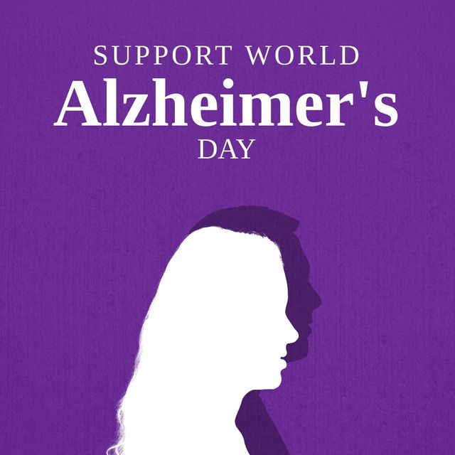 Illustrative image of woman with support world alzheimer's day text on purple background, copy space. human representation, white, support, disease, healthcare, awareness and campaign concept.