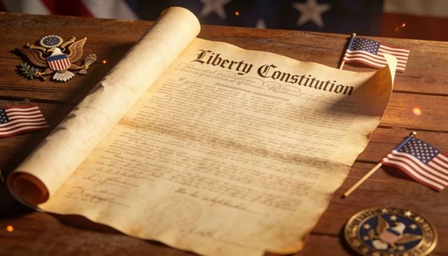 Liberty Constitution Scroll on Aged Parchment with American Flags and Presidential Seal