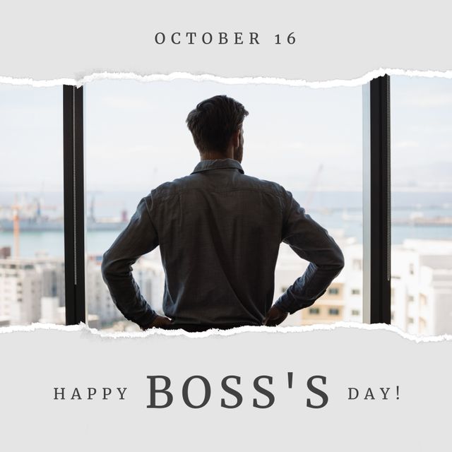 This image features the back view of a businessman standing in an office with a window view of a city background, and an overlay text saying 'Happy Boss's Day' along with the date October 16. It can be used for greeting cards, social media posts, and office celebrations to express appreciation for bosses, acknowledge their leadership, and highlight Boss's Day.