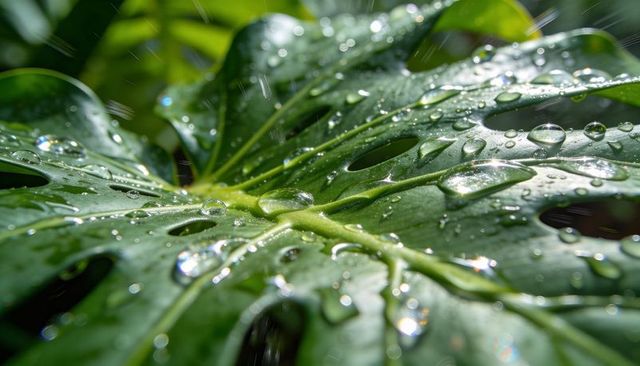 Dew-covered monstera leaf macro showing glossy water droplets and perforated foliage detail