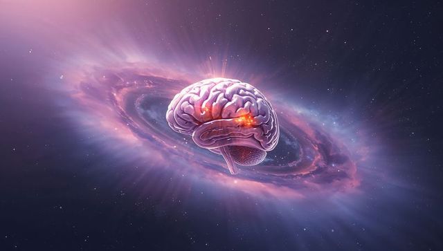 Floating glowing brain over luminous nebula disk revealing neural sparks in space