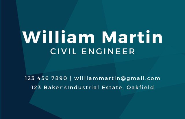 This business card template features the name 'William Martin', profession 'Civil Engineer', and contact details including phone number, email, and street address. Ideal for use by professionals in advertising services, networking, or meeting potential clients.