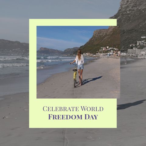 Woman with Bicycle Celebrating World Freedom at Beach