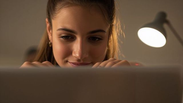 Teen leaning on laptop smiling at screen in cozy desk lamp glow during evening study