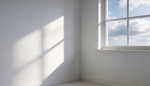 Sunlight casting multi-pane window shadows in empty minimalist room corner, bright wall