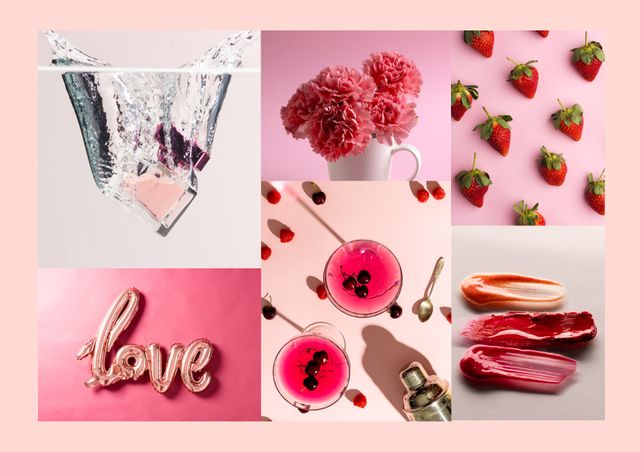 Ideal for Valentine's Day promotions, romantic event invitations, or advertisements celebrating love and affection. The collage includes elements such as pink flowers in a vase, strawberries, love-themed lettering, and desserts, making it perfect for conveying warmth and romantic sentiments.