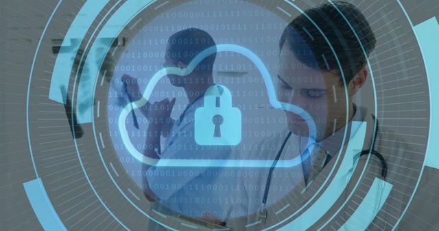 Healthcare team utilizing digital cloud technology for secure medical data