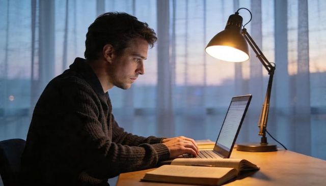 Focused man working late on laptop at desk with lamp and open book