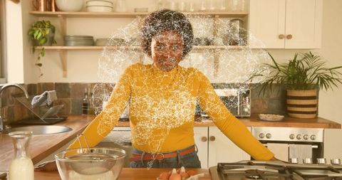 Woman mixing batter in modern kitchen with neural network overlay for smart cooking