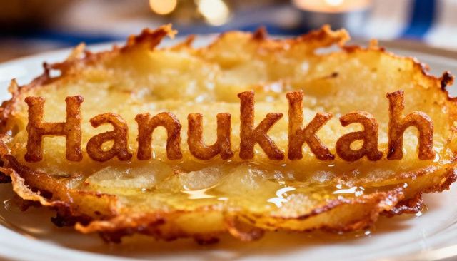 Golden latke featuring hanukkah letters sizzling in oil on plate closeup festive food shot