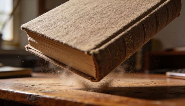 Levitating antique cloth-bound book releasing dust over wooden desk with warm soft light