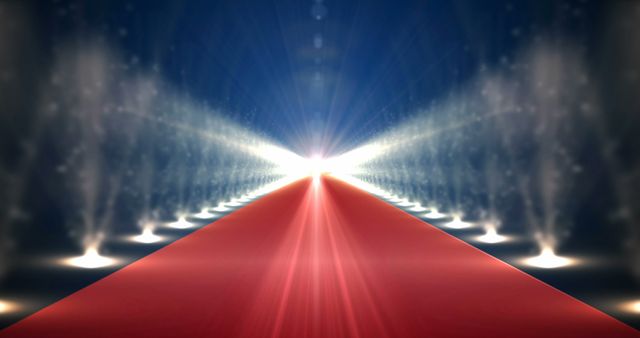 Brightly lit red carpet surrounded by spotlights and smoke, suggesting luxury and high-profile events. Ideal for promoting Hollywood premieres, VIP events, glamorous parties, or luxury-themed campaigns.