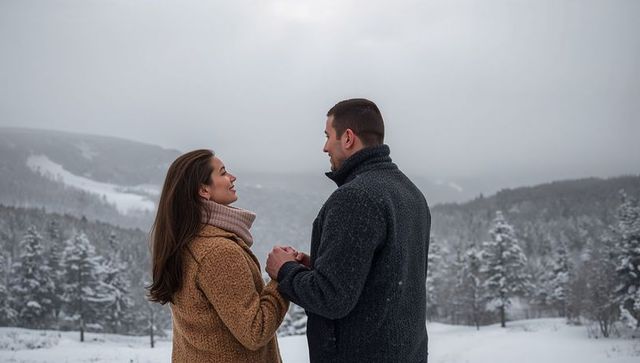 Couple Holding Hands in Snowy Mountain Valley Sharing Intimate Winter Moment