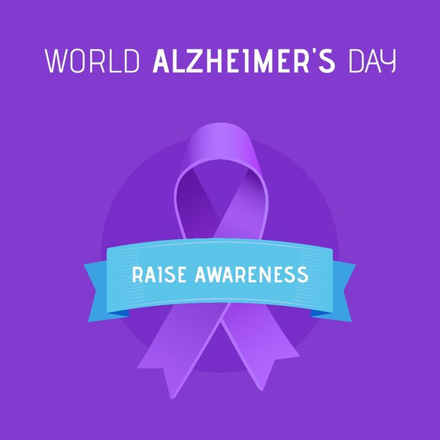Illustrative image of purple ribbon with raise awareness and world alzheimer's day text, copy space. Purple background, support, disease, healthcare, awareness and campaign concept.