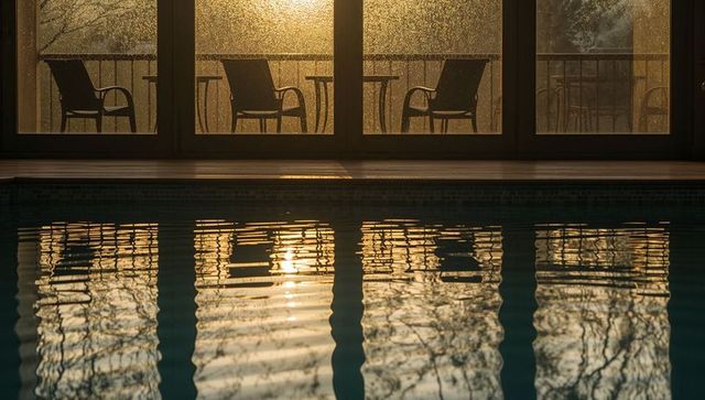Golden sunlight reflecting on indoor pool water with glass wall and patio chairs