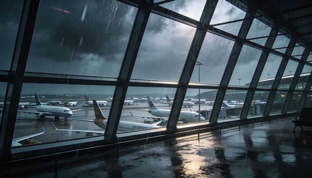 Rain-soaked airport terminal overlooking line of parked jets through streaked glass panes