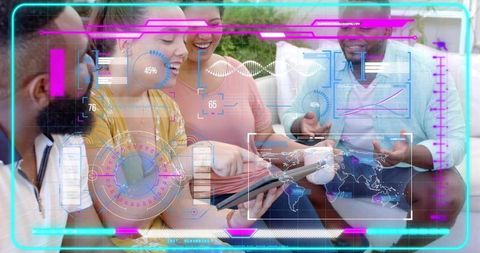 Team collaborating with augmented reality tablet and data hud overlays on couch