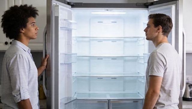 Two men standing holding open doors of empty stainless refrigerator in modern kitchen
