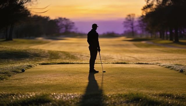 Golfer silhouette standing on tee at golden sunrise on dewy fairway