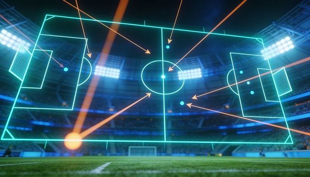 Projecting holographic soccer tactics overlay with neon arrows on stadium field
