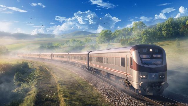 Gliding modern passenger train curving through sunlit rolling hills with morning mist