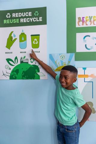 African american boy pointing at recycle poster teaching sustainability in classroom